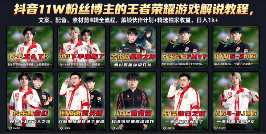 抖音11W粉丝博主的王者荣耀游戏解说教程,文案、配音、素材剪辑全流程,解锁伙伴计划+精选独家收益,日入1k+-知芽创业社