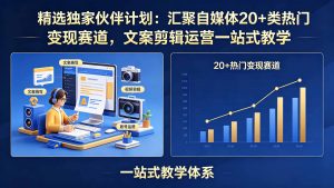精选独家伙伴计划：汇聚自媒体20+类热门变现赛道，文案剪辑运营一站式教学-知芽创业社