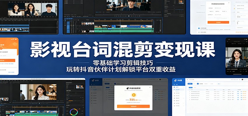 影视台词混剪变现课：零基础学习剪辑技巧，玩转抖音伙伴计划解锁平台双重收益-知芽创业社