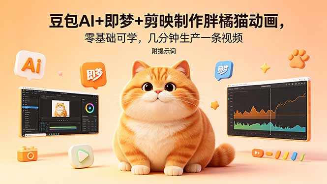 豆包AI+即梦+剪映制作胖橘猫动画,零基础可学,几分钟生产一条视频,附提示词-知芽创业社