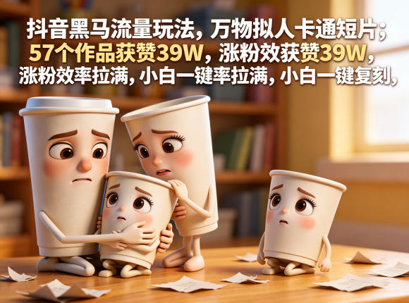 抖音黑马流量玩法,万物拟人卡通短片,57个作品获赞39W,涨粉效率拉满,小白一键复刻,保姆级拆解-知芽创业社