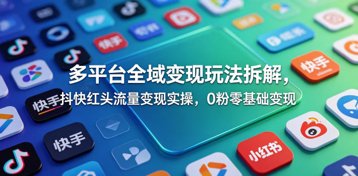 多平台全域变现玩法拆解，抖快红头流量变现实操，0粉零基础变现-知芽创业社