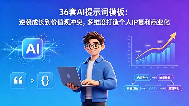 36套AI提示词模板：逆袭成长到价值观冲突，多维度打造个人IP复利商业化-知芽创业社