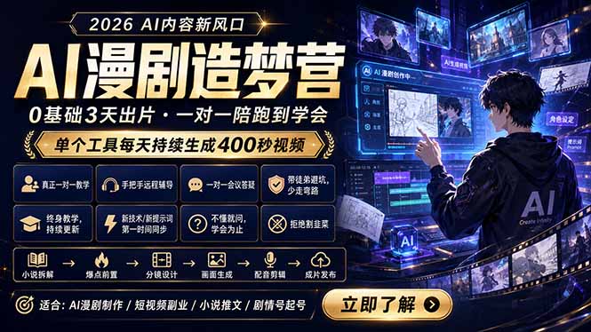 AI漫剧造梦营：0基础3天出片，单个工具每天持续生成400秒视频-知芽创业社