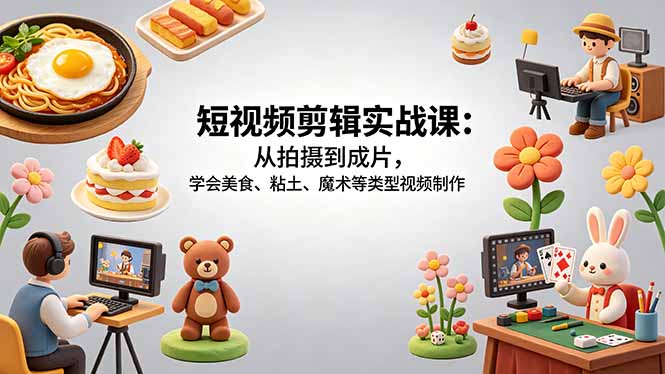 短视频剪辑实战课：从拍摄到成片，学会美食、粘土、魔术等类型视频制作-知芽创业社