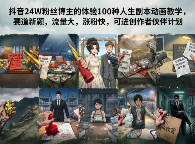 抖音24W粉丝博主的体验100种人生副本动画教学，赛道新颖，流量大，涨粉快，可进创作者伙伴计划-知芽创业社