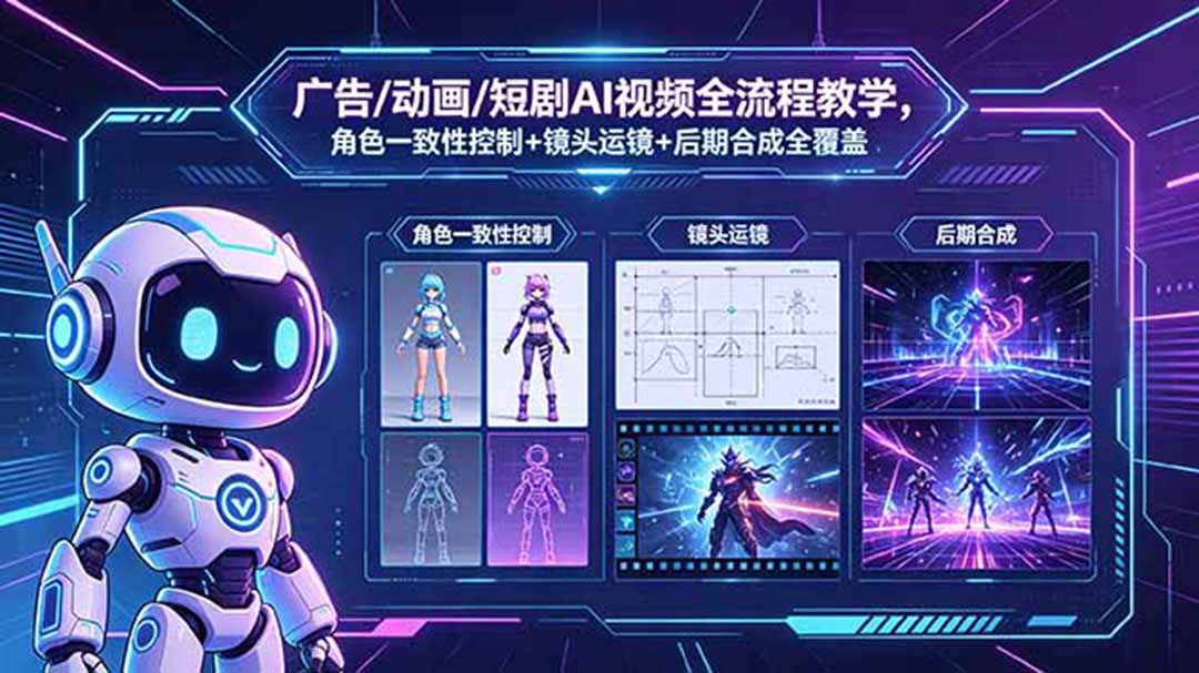 广告/动画/短剧AI视频全流程教学,角色一致性控制+镜头运镜+后期合成全覆盖-知芽创业社