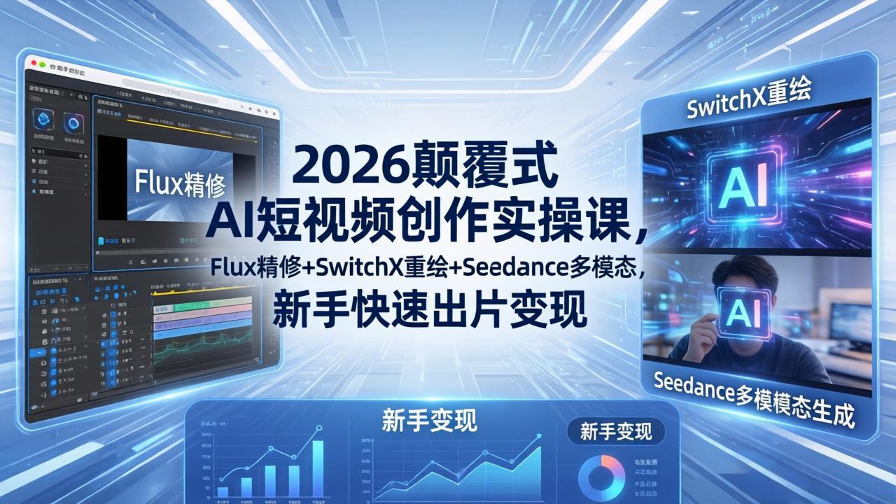 2026颠覆式 AI短视频创作课-5月更新,Flux精修+SwitchX重绘+Seedance多模态,新手快速出片变现-知芽创业社