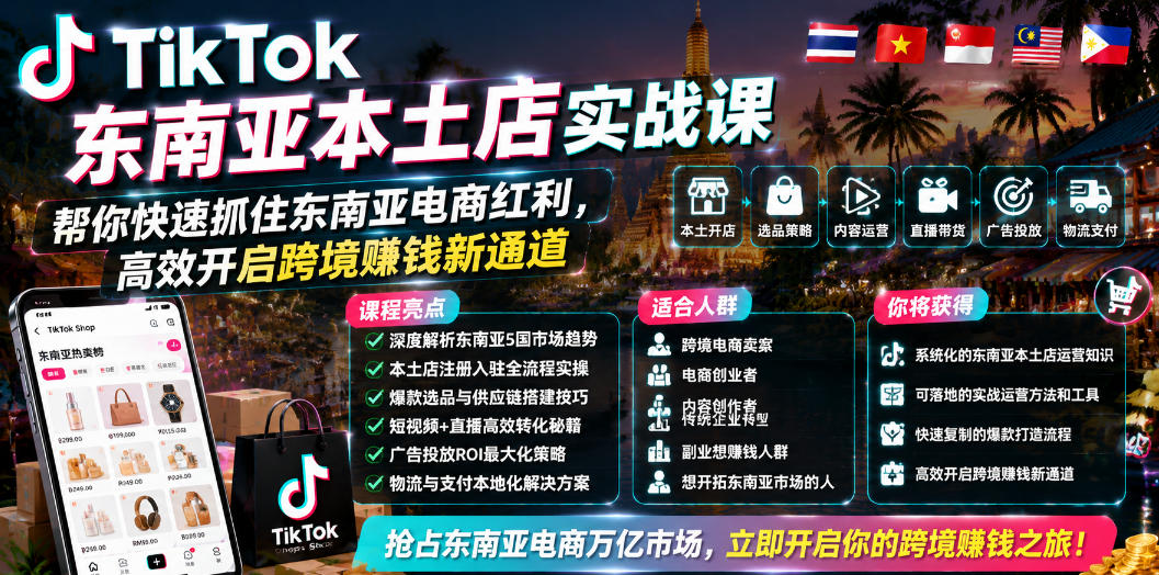 TikTok东南亚本土店实战课，帮你快速抓住东南亚电商红利，高效开启跨境賺钱新通道-知芽创业社