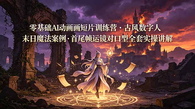 零基础AI动画短片训练营,古风数字人末日魔法案例,首尾帧运镜对口型全套实操讲解-知芽创业社