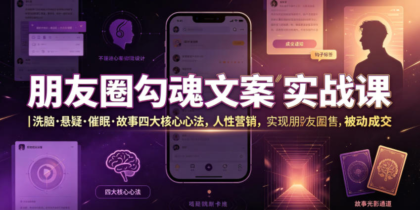 朋友圈勾魂文案实战课｜洗脑·悬疑·催眠·故事四大核心心法，吃透人性营销，实现朋友圈不销而售被动成交-知芽创业社