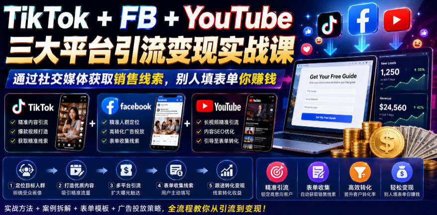 TikTok+FB+YouTube三大平台引流变现实战课,通过社交媒体获取销售线索,别人填表单你賺钱【原创双语字幕】-知芽创业社