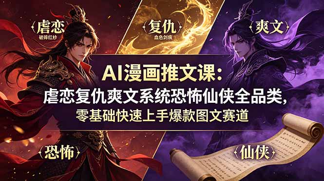 AI漫画推文课:虐恋复仇爽文系统恐怖仙侠全品类,零基础快速上手爆款图文赛道-知芽创业社