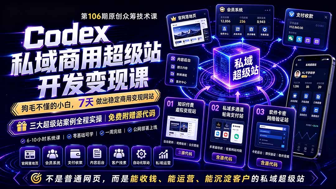 Codex私域商用超级站Ai开发变现课106期-更新0630:不是普通网站,而是能收钱,能运营,能沉淀客户的私域超级站-知芽创业社