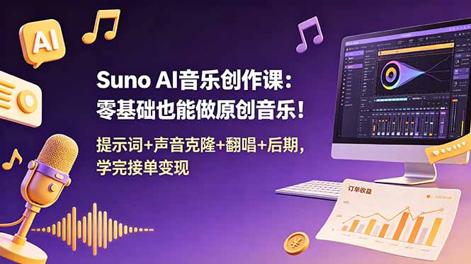 Suno AI音乐创作课：零基础也能做原创音乐！提示词+声音克隆+翻唱+后期，学完接单变现-知芽创业社