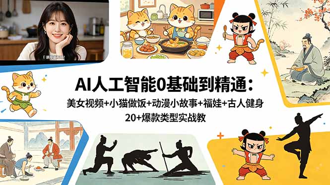 AI人工智能0基础到精通:美女视频+小猫做饭+动漫小故事+福娃+古人健身,20+爆款类型实战教学-知芽创业社