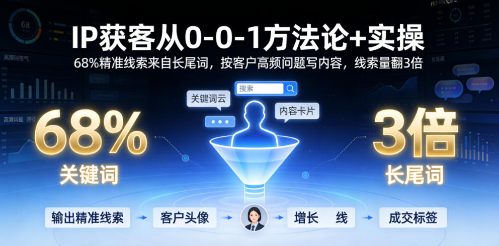 IP获客从0-1方法论+实操,68%精准线索来自长尾词,按客户高频问题写内容,线索量翻3倍-知芽创业社