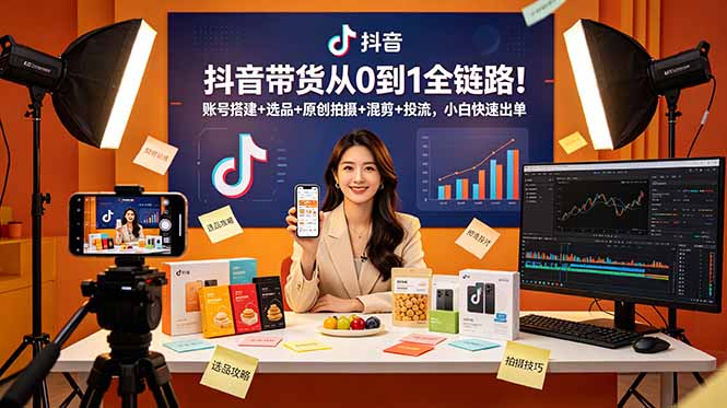 抖音带货从0到1全链路!账号搭建+选品+原创拍摄+混剪+投流,小白快速出单-知芽创业社