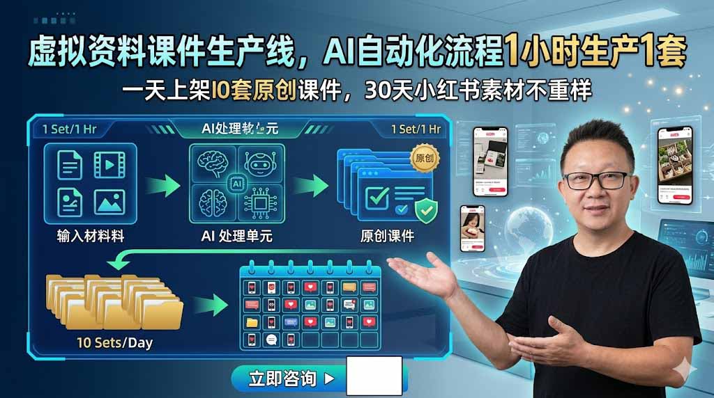 虚拟资料课件生产线,AI自动化流程1小时生产1套,一天上架10套原创课件,30天小红书素材不重样-知芽创业社