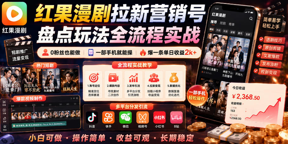 红果漫剧拉新营销号盘点玩法全流程实战，0粉丝也能做，一部手机就能做，爆一条单日收益2k+(更新0628)-知芽创业社