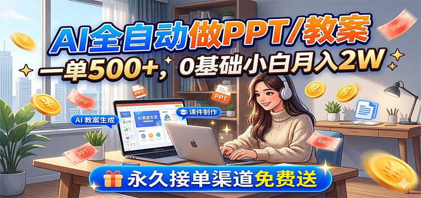AI全自动做PPT/教案,一单500+,0基础小白月入2W,永久接单渠道免费送-知芽创业社