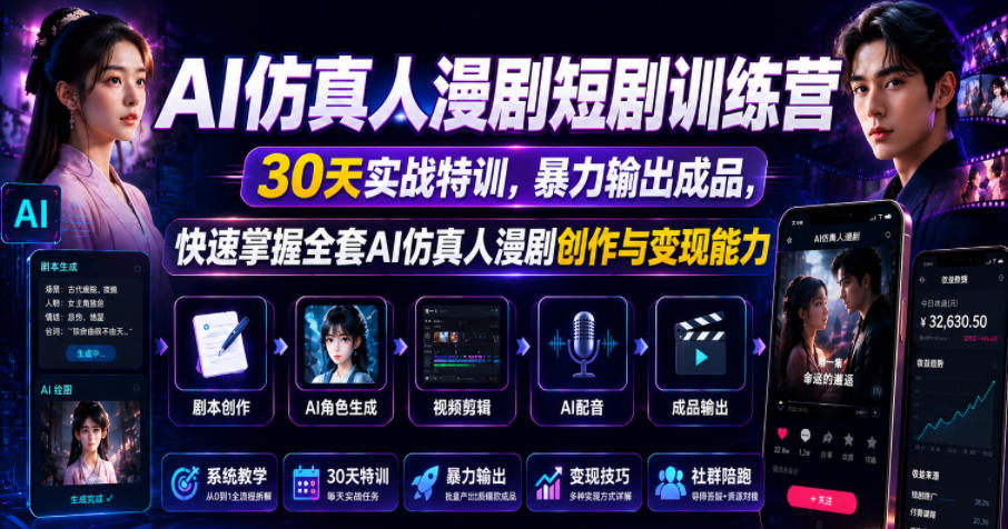 AI仿真人漫剧短剧训练营,30天实战特训,暴力输出成品,快速掌握全套AI仿真人漫剧创作与变现能力-知芽创业社