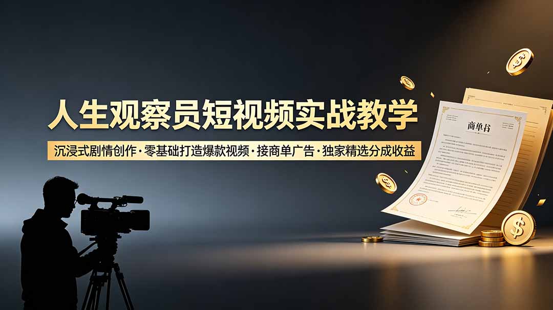 人生观察员短视频实战教学，沉浸式剧情创作，零基础打造爆款视频，接商单广告，独家精选分成收益-知芽创业社