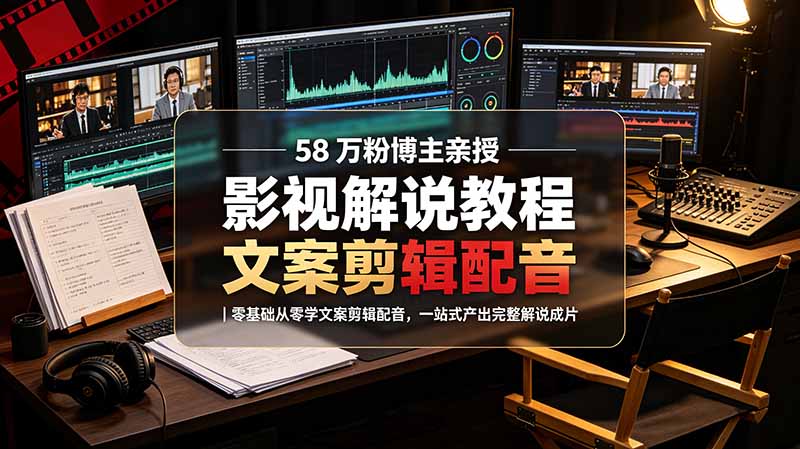 58 万粉博主荧幕春秋亲授影视解说教程｜零基础从零学文案剪辑配音，一站式产出完整解说成片-知芽创业社
