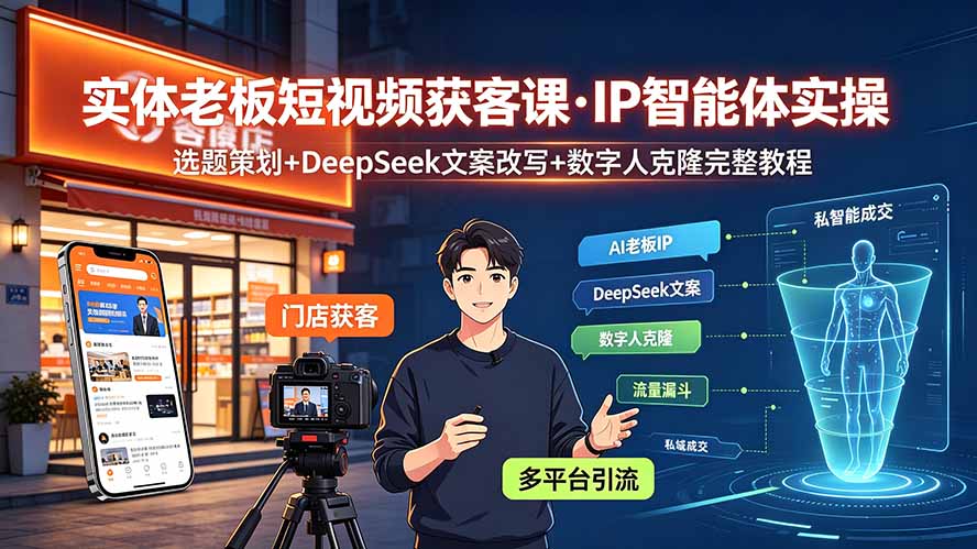 实体老板短视频获客课·IP智能体实操｜选题策划+DeepSeek文案改写+数字人克隆完整教程-知芽创业社