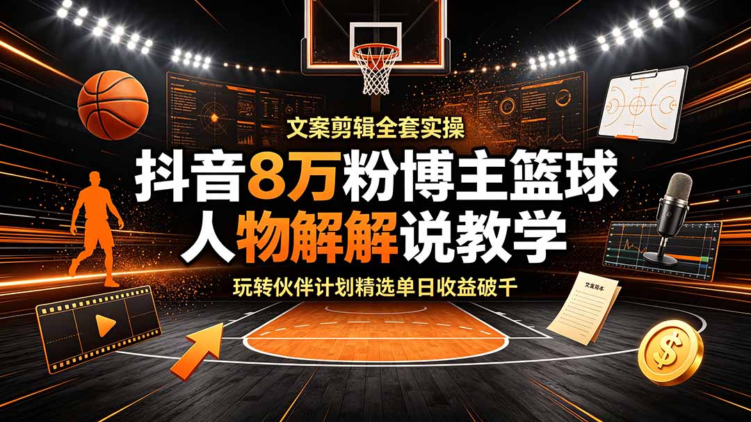 抖音8万粉博主篮球人物解说教学，文案剪辑全套实操，玩转伙伴计划精选单日收益破千-知芽创业社