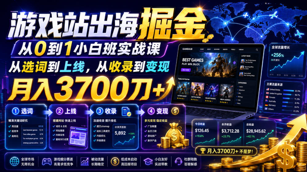 游戏站出海掘金从0到1小白实战课，从选词到上线，从收录到变现，月入3700刀+-知芽创业社
