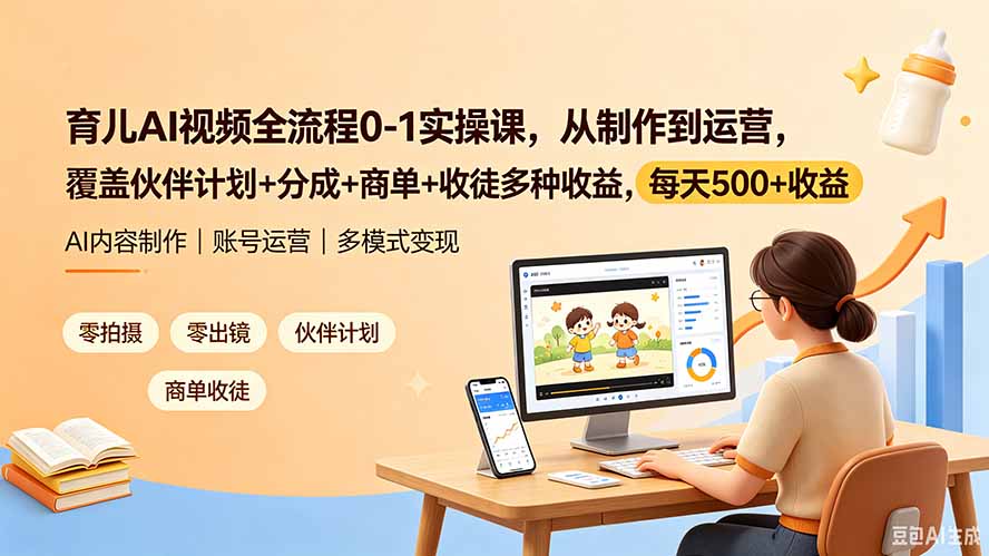 育儿AI视频全流程0-1实操课,从制作到运营,覆盖伙伴计划+分成+商单+收徒多种收益,每天500+收益-知芽创业社