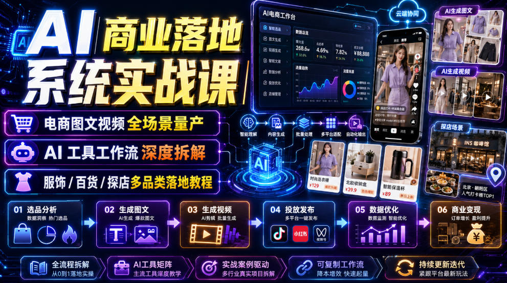 AI商业落地系统实战课｜电商图文视频全场景量产・AI工具工作流深度拆解・服饰/百货/探店多品类落地教程-知芽创业社