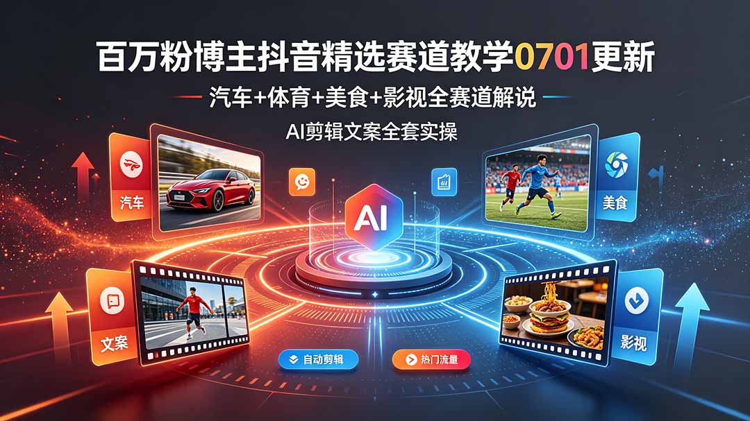 百万粉博主抖音精选赛道教学-0701更新，汽车+体育+美食+影视全赛道解说，AI剪辑文案全套实操-知芽创业社