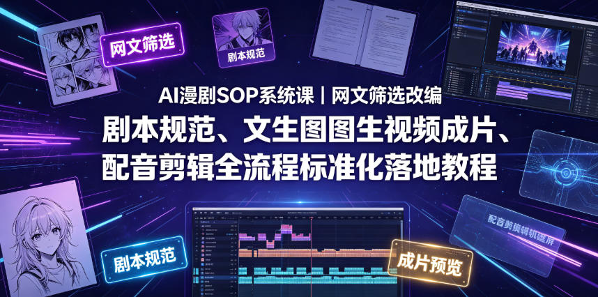 AI漫剧SOP系统课|网文筛选改编、剧本规范、文生图图生视频成片、配音剪辑全流程标准化落地教程-知芽创业社