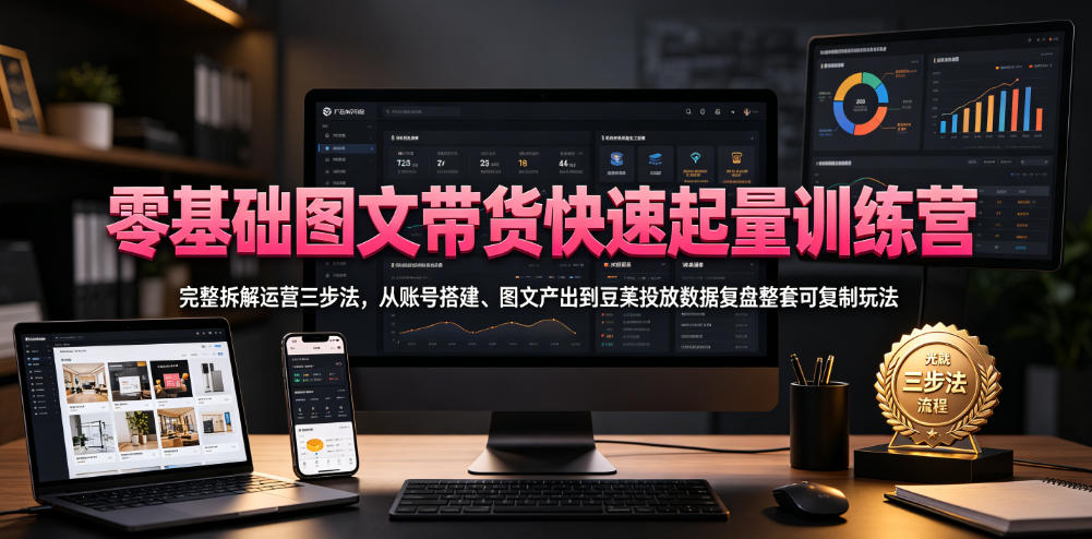 零基础图文带货快速起量训练营,完整拆解运营三步法,从账号搭建、图文产出到豆荚投放数据复盘整套可复制玩法-知芽创业社