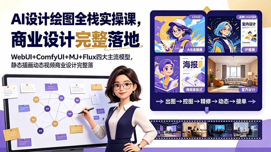AI设计绘图全栈实操课,WebUI+ComfyUI+MJ+Flux四大主流模型,静态插画动态视频商业设计完整落地教程-知芽创业社