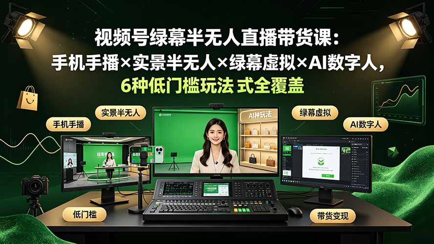 视频号绿幕半无人直播带货课:手机手播×实景半无人×绿幕虚拟×AI数字人,6种低门槛玩法全覆盖-知芽创业社