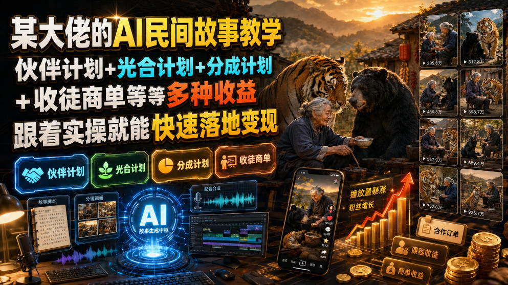 某大佬的AI民间故事教学，伙伴计划+光合计划+分成计划+收徒商单等多种收益，跟着实操就能快速落地变现-知芽创业社