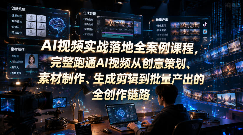 AI视频实战落地全案例课程，完整跑通AI视频从创意策划、素材制作、生成剪辑到批量产出的全创作链路-知芽创业社