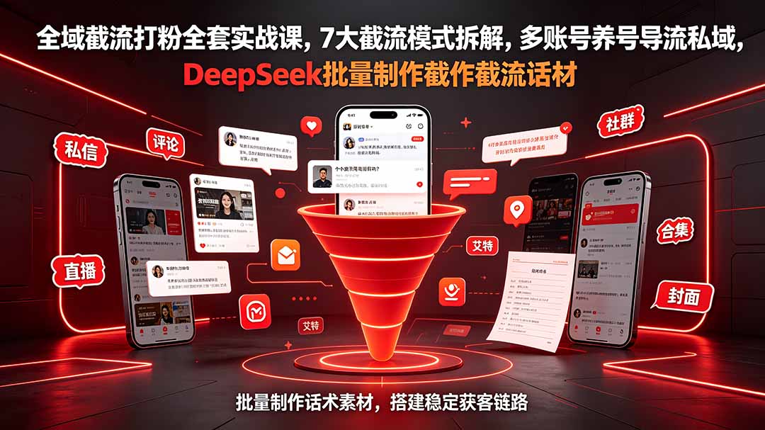 全域截流打粉全套实战课,7大截流模式拆解,多账号养号导流私域,DeepSeek批量制作截流话术素材-知芽创业社
