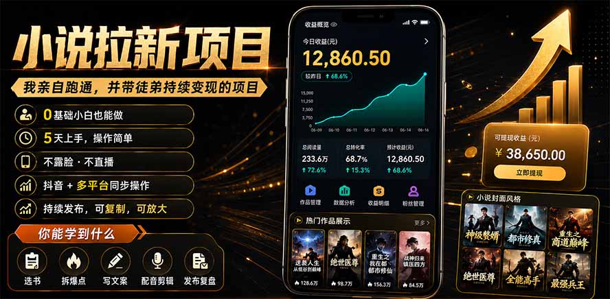 抖音及多平台小说拉新项目:我亲自跑通并持续带徒弟实操|0基础小白5天上手快速变现-知芽创业社
