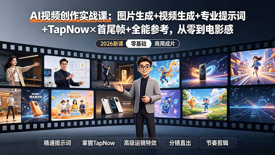 AI视频创作实战课:图片生成+视频生成+专业提示词+TapNow×首尾帧+全能参考,从零到电影感成片-知芽创业社