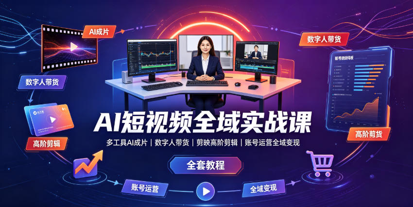AI短视频全域实战课|多工具AI成片、数字人带货、剪映高阶剪辑、账号运营全域变现全套教程-知芽创业社