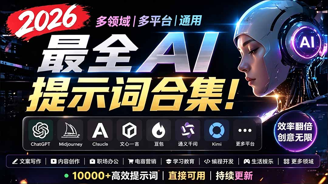 2026最全AI提示词合集!多领域多平台通用,涵盖AI绘画、电商主图、爆款文案,脚本创作等-知芽创业社
