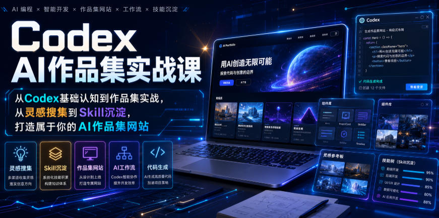 Codex AI作品集实战课，从Codex基础认知到作品集实战，从灵感搜集到Skill沉淀，打造属于你的AI作品集网站-知芽创业社