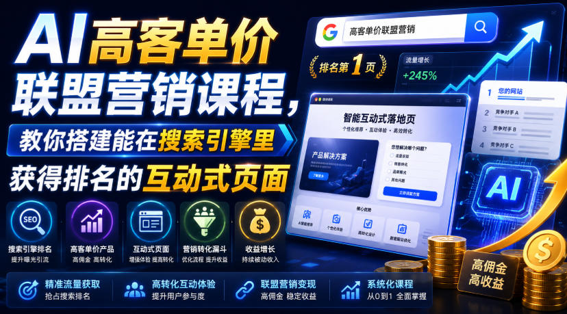 AI高客单价联盟营销课程,教你搭建能在搜索引擎里获得排名的互动式页面,引来流量,把访客转化为高佣金的成交【原创双语字幕】-知芽创业社