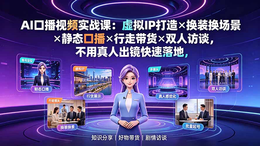 AI口播视频实战课：虚拟IP打造×换装换场景×静态口播×行走带货×双人访谈，不用真人出镜快速落地-知芽创业社