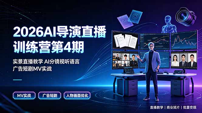 2026AI导演直播训练营第4期，实景直播教学AI分镜视听语言，广告短剧MV实战，解决人物画面崩坏痛点-知芽创业社