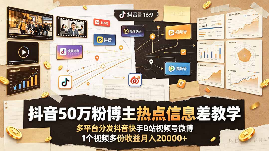 抖音50万粉博主热点信息差教学:多平台分发抖音快手B站视频号微博,1个视频多份收益月入20000+-知芽创业社